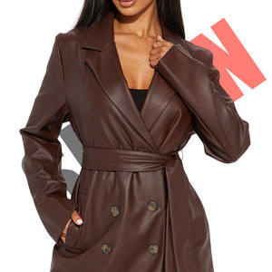 แจ็กเก็ตหนังแท้สำหรับผู้หญิงเสื้อโค้ทตัวยาวมีกระดุมติดเข็มขัดสำหรับสำนักงานและฤดูหนาว - Product Image 5