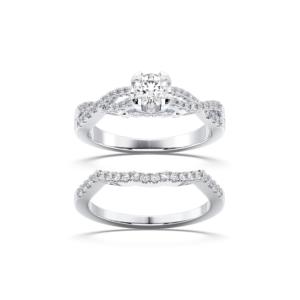 0.78 Carat E-F/VVS-VS Moissanite Round Cut Engagement <b>Ring</b> with Matching <b>Band</b> Diamond Prong Set in Silver for Her - Product Image 1
