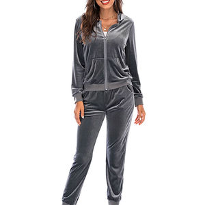 Ensemble de survêtement en velours personnalisé pour femmes, grande taille, sweat à capuche zippé et pantalon de jogging, motif uni, ensemble 2 pièces, costume en velours, vente chaude - Product Image 1
