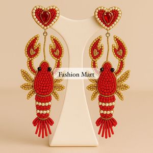 Exquisitos Pendientes de Langosta con Cuentas, Joyería de Moda con Perlas Rojas y Doradas para Chicas - Product Image 1