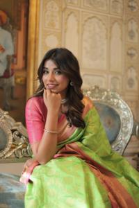 Jyothika Saree à la mode indien du nord et du sud bicolore avec chemisier en tissu Zardosi doux et sexy pour les mariages - Product Image 6