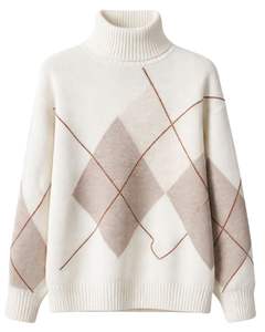 Manufacturer Custom Premium Women Turtleneck Argyle Knit Sweater Soft Warm Winter Pullover Casual Fashion Top Beige <b>Brown</b> Color - Product Image 1