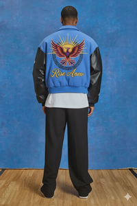High Quality <b>Blue</b> Varsity Letterman Jacket Mens Melton Wool With Faux Leather Sleeves and Embroidery - Product Image 3