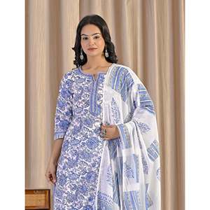 Conjunto de Kurta y Pantalón de Algodón Blanco Étnico, Traje Anarkali con Estampado a Bloque Hecho a Mano para Fiestas y Ocasiones Especiales, Hecho con Tela de Red - Product Image 1