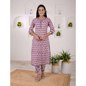 Conjunto de Kurta y Pantalón de Algodón con Estampado de Bloques Rosa, Estilo de Ropa Americana - Product Image 3