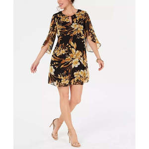 Abito da cocktail Connected Petite da donna in chiffon floreale giallo scuro con scollo a goccia, taglia 4P - Product Image 1