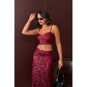 Topshow Women's Red <b>Sequined</b> Party Bustier <b>Crop</b> <b>Top</b> - Elegant Sparkle for Evening Events & Celebrations - Product Image 3