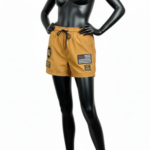 Shorts pour femmes en nylon et élasthanne de qualité supérieure, 210 GSM, couleur sable moutarde, doux, séchage rapide, logo brodé personnalisé - Product Image 4