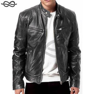 Veste de motard classique et élégante pour homme en cuir d'agneau véritable avec col montant, style vintage, en noir - Product Image 5