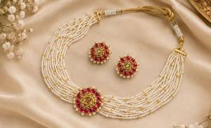 TISHYA DIAMOND Ethnic <b>Gold</b> Plated Alloy Flower Necklace and Earring <b>Set</b> with Imitation Pearl for Women Wedding <b>Jewelry</b> - Product Image 1