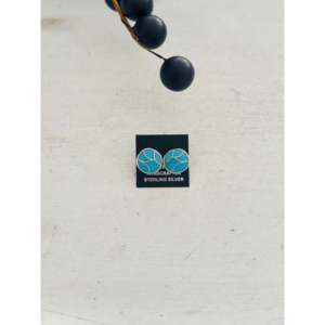 Zuni Handmade Kingman Turquoise & Sterling <b>Silver</b> <b>Stud</b> <b>Earrings</b> Geometric Inlay Design - Product Image 1