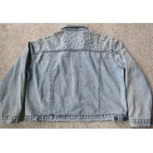 Women Embellished Casual <b>Jeans</b> Jacket Pearl Rhinestone Light Blue Button up Oversized <b>Jeans</b> Button up Jacket for Ladies - Product Image 3
