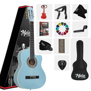 Kit de guitare classique bleu clair 4/4 avec tige de tension réglable, table en épicéa, support mural et accordeur |   Midex MGX-100LTB - Product Image 1