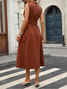 Elegant Sleeveless V Neck <b>Women</b> Midi <b>Dress</b> Button Down Belted Waist A Line Design Perfect for Office or Casual Wear - Product Image 5