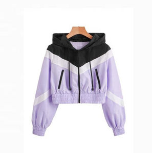 Top qualité femmes coupe-vent veste grande taille Crop couleur bloc fermeture éclair poche cordon capuche respirant imperméable - Product Image 5