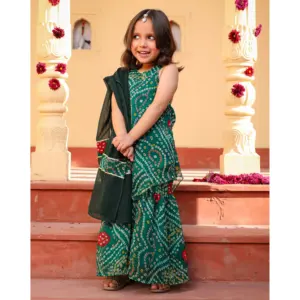 Conjunto Sharara Verde con Bordado para Niños, Ropa Étnica para Festivales, Estilo Pakistaní, Salwar Kameez de Bollywood, Hecho de Georgette - Product Image 2