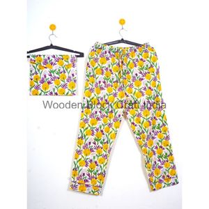 Natural Cotton Elegant Knitted Bohemian Style Women's Summer Sleepwear Floral Pattern T-Shirt Pajama Set with <b>Storage</b> Bag - Product Image 3