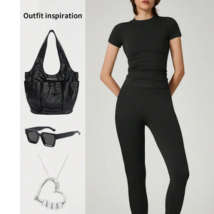 Ensemble d'entraînement pour femmes OEM personnalisé tissu côtelé respirant t-shirt leggings séchage rapide tenue athlétique bouton de dentelle pour le sport yoga - Product Image 4