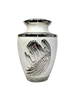 Urne funéraire en laiton blanc de grande taille pour cendres humaines, avec gravure personnalisée, capacité de 200 pouces cubes, motif ange priant - Product Image 1