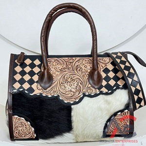 New Fashion Luxury Branded Hand Tooled Checkered Leather Crossbody Tote Bag Western Cowhide Handbag Shoulder Purse for Women's - Product Image 1