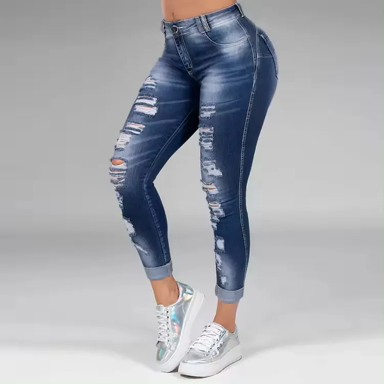 Pantaloni da donna personalizzati nuova moda pantaloni in Denim strappati skinny taglie forti jeans da donna nuovo stile 2024