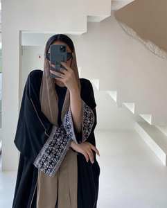Handmade Black Satin Silk Abaya Beautiful <b>White</b> Embroidery Dubai-Style Inspired Partywear <b>Dress</b> <b>for</b> Adults Traditional Muslim - Product Image 5