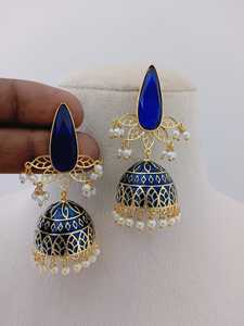 Gold Teardrop Stone <b>Jhumka</b> Blossom <b>Earrings</b> Set Smooth and Glossy with Unique Bezel Frame Ornamentation Fashion Drop <b>Earrings</b> - Product Image 6