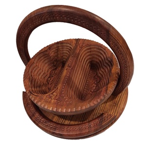 Elegant Handcrafted <b>Wooden</b> Fruit <b>Basket</b> with Carved Flower Style Collapsible and Decorative with Circular Trivet or Holder - Product Image 1