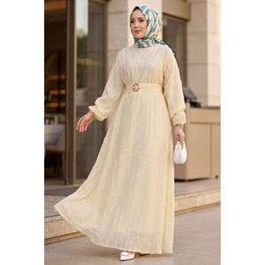 Vestido Modesto Bordado con Cinturón de Hebilla Dorada Amarillo Tallas XS-6XL Opciones de Largo hasta el Suelo y hasta la Rodilla con Cremalleras y Volantes para el Día - Product Image 1