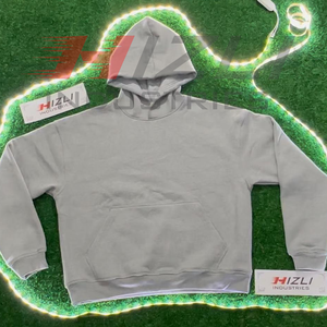 Sudadera con capucha gris de gran tamaño para hombre Sudadera de lana de algodón de mezcla pesada transpirable con diseño de bolsillo con cordón bordado para invierno - Product Image 3