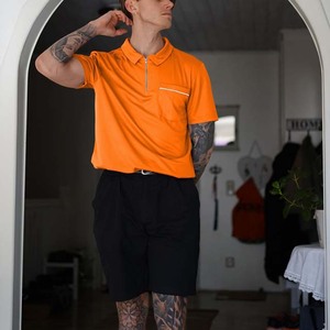 Men's <b>Orange</b> Short Sleeve Knitted <b>Polo</b> Shirt With Zipper Collar And Chest Pocket Casual Style - Product Image 2