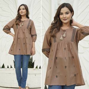 Femme Neeta Création A-ligne Coton Tunique Rose Blanc Indien Motifs Ethniques Brodé 3/4 Manches D'été Dentelle Décoré Top - Product Image 3