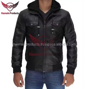 Veste bomber en cuir véritable noir pour homme avec capuche à cordon de serrage, double fermeture éclair et poches à rabat en peau de mouton, vêtement d'extérieur personnalisé pour l'hiver - Product Image 5