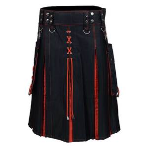 <b>Men</b> Scottish Fashion Utility <b>Black</b> Hybrid Kilt With Green, Red, Blue, Orange Pleats And Lacings Handmade Traditional Custom Kilt - Product Image 4