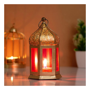 Top Product Vintage Moroccan Decorative Metal Hanging <b>Candle</b> Lantern With Colorful Glass for Event Party Decoration From India - Product Image 1
