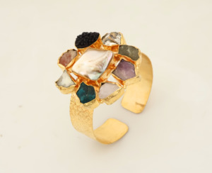Women's Trendy Handcrafted 18K Gold-Plated Adjustable Cuff <b>Bracelet</b> with Natural Gemstones and Mother of <b>Pearl</b> Centerpiece - Product Image 3
