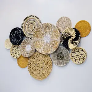Thiết lập của 13 handmade wicker tường treo giỏ Boho thiết kế rơm dệt tấm với cỏ biển vật liệu kim loại bán buôn