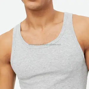 Wholesale Custom Logo Printed Men fitness Workout Breathable Polyester Muscle Scoop Neckline Blank Ribbed silver color Tank Tops