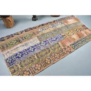 <b>Vintage</b> Blue Turkish <b>Rug</b> 3.5 X 7.6ft Boho Handmade Wool Carpet with Latex Backing for Bedside Rectangular Patchwork Pattern - Product Image 2