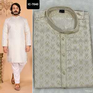 Ropa étnica india Heavy Jequard Silk Premium Ethnic Men's Wear Colección Kurta con conjunto de pijama de algodón Raymond para ropa de boda - Product Image 4