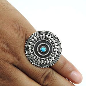 Indian Artisan Handcrafted Jewelry 925 <b>Sterling</b> Oxidized <b>Silver</b> Natural Turquoise Gemstone Round Shape <b>Adjustable</b> <b>Ring</b> for Woman - Product Image 3