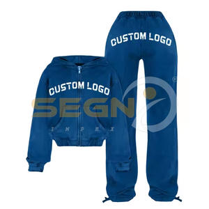 Personalizado bordado recortado Streetwear de alta calidad de manga larga con cremallera hasta dos piezas pantalones de chándal conjunto Joggers hombres cremallera chándales - Product Image 2