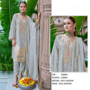 Style pakistanais traditionnel semi-cousu Salwar Kameez lourd Chinon broderie véritable miroir travail pour les occasions de mariage Zarkan - Product Image 6