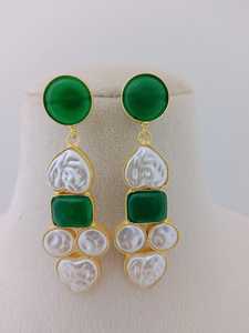 Modern Mosaic Pearl <b>Earrings</b> Set Gold-Toned Metal Frame with Embedded Stones and Pearls Unique Pattern Brass Made - Product Image 2