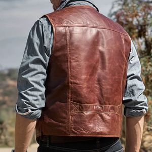 Gilets de moto en cuir brodés avec logo personnalisé, coupe-vent, style vintage, col en V, fermeture à boutons, prix abordable - Product Image 4