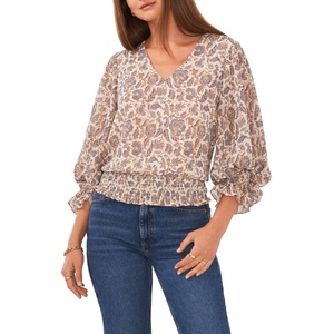 Camicetta Bohemien Avorio Marrone con Stampa Floreale Vintage in Chiffon Intrecciato e Tessuto Lavorato a Maglia, Vestibilità Ampia, Top da Donna XL L per Primavera Autunno - Product Image 1