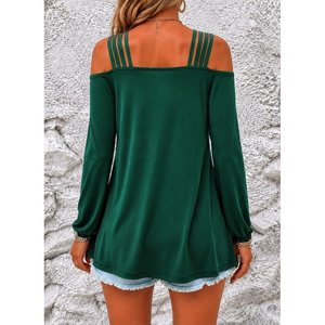 Chemise en viscose à manches longues pour femme avec détail rayé épaules dénudées, 38164 - Vert - Product Image 3
