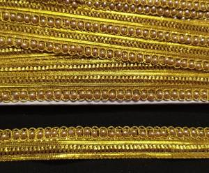 Bordure à franges perlées dorées : dentelle métallique indienne, motif tissé - au mètre, bordure de sari - Product Image 2