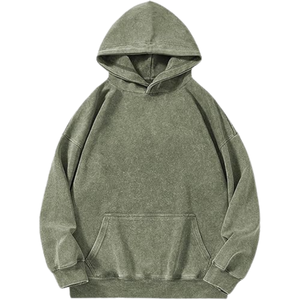 Sweat à Capuche Homme Vert Acid Wash Oversized Streetwear Heavyweight Cotton Fleece Drop Shoulder Vintage Pullover Casual Sweatshirt - Product Image 1