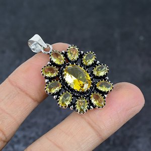 Vintage Flower Pendant Oval Yellow <b>Citrine</b> Topaz Stones Antique Silver Plated Alloy Channel Setting Unisex Bohemian Style Charm - Product Image 2